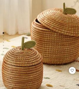 Handmade Apple-Shaped Seagrass <b>Storage</b> <b>Box</b> with Lid Eco-friendly Nursery Organizer & Desktop Sundries Container - Product Image 2
