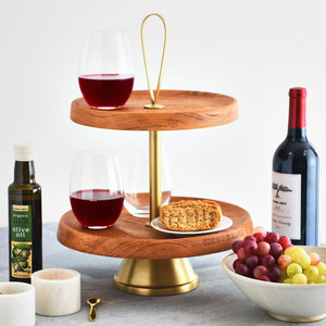 Two-Tiered Wooden <b>Cake</b> <b>Stand</b> Featuring Rich Natural Wood Trays Gold Central Rod Base Convenient Top Loop Handle, Serving & Decor - Product Image 6