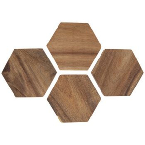 Handmade 3-Tone Hexagonal Wooden Coasters Set Of 4 Mango Wood Geometric Drink <b>Mats</b> with Antique Brown Finish For Home And Office - Product Image 2