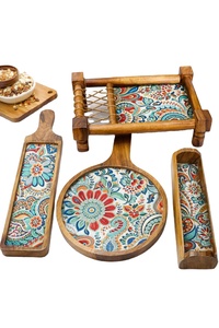 ชุดถาดไม้ทำมือแบบคัตติยะ สไตล์เรสติก ถาดเสิร์ฟชาร์ปาย งานฝีมืออินเดีย ถาดเสิร์ฟอาหาร ของตกแต่งบ้าน ชุดถาดของขวัญ - Product Image 2