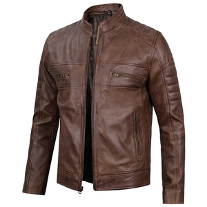 Men's Genuine Leather Moto <b>Jacket</b> Stand Collar Zipper Closure Solid Color Regular Sleeve Autumn - Product Image 4