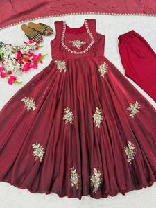Indian Wholesale Women's <b>Silk</b> Anarkali Suit Premium Deep <b>Red</b> Embroidered Ethnic Gown Designer Pakistani Style Party Sun - Product Image 4
