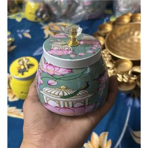 Decorative Ceramic Dry Fruit <b>Jar</b> With Gold Flower Lid Floral Print <b>Kitchen</b> <b>Storage</b> Container <b>For</b> Wedding Gift Home Decor <b>Jars</b> - Product Image 4