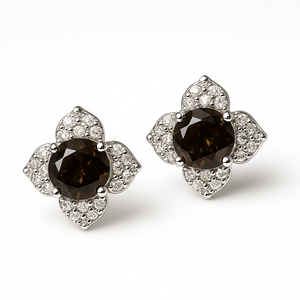 Pendientes de tuerca florales con cuarzo ahumado y circonitas cúbicas, 2 piezas, plata de ley chapada en rodio, románticos para compromiso, boda, aniversario - Product Image 3