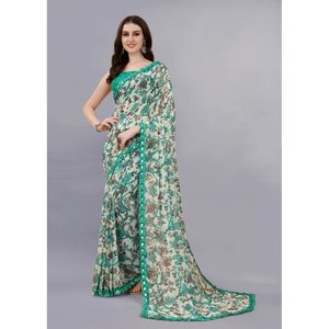 TENDANCE GEORGETTE IMPRIMÉE SAREE AVEC BLOUSE NON COUCHÉE VERT DE MER - Product Image 1