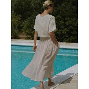 Conjunto de dos piezas blanco: Top corto con falda midi de abertura alta, atuendo minimalista de verano, vestido casual de lino de ajuste holgado para mujer - Product Image 6