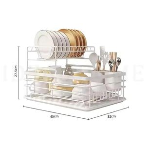 Égouttoir à vaisselle en métal blanc à 2 niveaux avec porte-couverts, organisateur de rangement pour vaisselle et bols de cuisine, 43x32x27,5 cm - Product Image 6