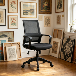 Chaise de bureau ergonomique moderne en maille noire, pivotante, hauteur réglable, accoudoirs fixes, dossier ouvert, base en plastique, design contemporain - Product Image 1