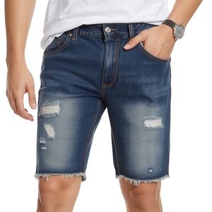 Shorts en jean décontractés pour hommes 100 % coton, taille mi-haute, effet usé, avec logo frontal et fonction coupe-vent - Product Image 1