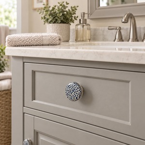 SHUBHAM Blue White Ceramic Cabinet <b>Knob</b> with Botanical Leaf Design <b>Silver</b> Metal Base Decorative <b>Drawer</b> Dresser Wardrobe - Product Image 1