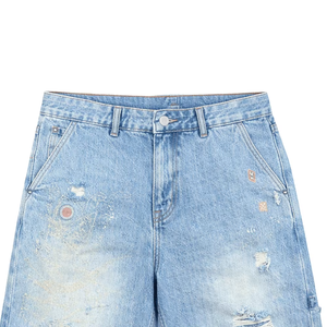 Men’s Light Blue Distressed Denim Shorts Paint Splatter Ripped Loose Fit Knee Length Baggy Jean Shorts Casual Streetwear - Product Image 5