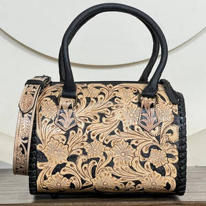 Bolso de Viaje Tipo Duffel para Mujer, Diseño Floral en Cuero Genuino a Cuadros, Hecho a Mano, Estilo Vintage, Mediano, Tipo Speedy - Product Image 4
