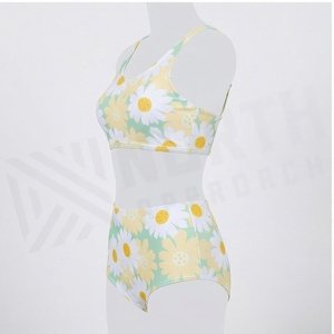 Women's Floral Print 2 Piece <b>Bikini</b> <b>Set</b> High Waist Bottoms Scoop Neck Crop Top Spandex Polyester Stretch Swimwear - Product Image 3