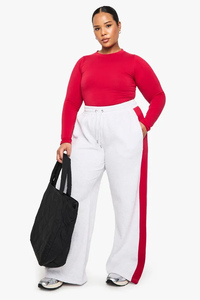 Nuevo diseño, pantalones deportivos rojos para mujer, con franja lateral, de pierna ancha, de tejido suave tipo felpa, pantalones de chándal para mujer. - Product Image 2