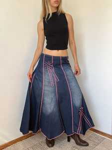 Women's Denim Maxi <b>Skirt</b> Asymmetric <b>Patchwork</b> Embroidery A-Line Loose Fit Stonewashed Cotton Casual Autumn Wear - Product Image 3