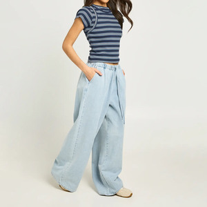 Cotton Casual Full Length Loose Fit Denim Pants High Waist Wide Leg Plus Size <b>Women's</b> <b>Jeans</b> Light Blue Stonewashed Denim Pants - Product Image 4