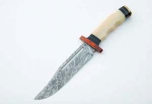 Outil utilitaire avec poignée en bois rougeâtre et poignée en os, doté d'une lame fixe en acier Damas - Product Image 1
