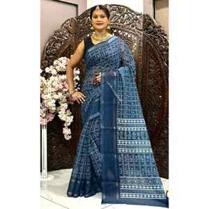 SIGNER LIN IMPRESSION NUMÉRIQUE AVEC SEQUENCE BORDER WORK SAREE AVEC BOLUSE NON COUDU BLEU - Product Image 1
