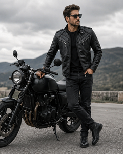 Blouson de moto en cuir PU noir pour homme, col montant, fermeture éclair, coupe ajustée, style motard, pour l'automne - Product Image 5