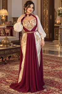 Vestido de Novia Mishkat Couture Color Marfil y Marrón, Bordado a Mano, Poliéster Chifón, Sin Mangas, Largo MAXI, Transpirable, Talla Grande - Product Image 4