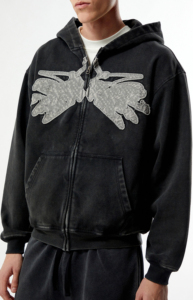Sweat à capuche zippé oversize pour homme, effet délavé soleil, avec appliqué ailes, style streetwear, en molleton bouclette 100% coton, pour l'hiver - Product Image 6