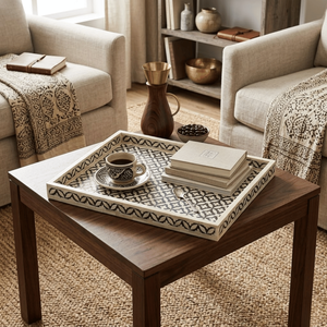 Bandeja Rectangular para Servir con Incrustaciones de Hueso |   Mesa de Centro Otomana con Bandeja |   Plato Decorativo para Desayuno, Té y Café |   Bandeja Decorativa para el Hogar - Product Image 4