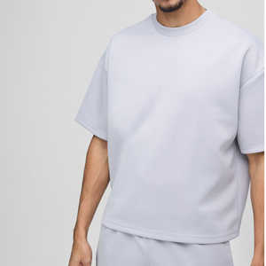 Men's Light Gray Cotton T-Shirt and Shorts Set Crew Neck Solid Color Casual Summer Wear with Logo Print - Product Image 6