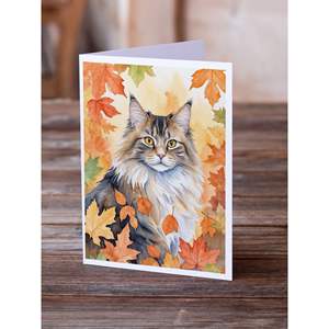Chat de forêt norvégien en feuilles d'automne capricieux A7 taille 5x7 cartes de note vierges avec enveloppes Pack 8 cartes de voeux - Product Image 2