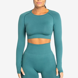 Women Yoga Set Solid Color Long Sleeve <b>Crop</b> <b>Top</b> High Waist Full Length Leggings Seamless Four-Way Stretch Activewear 2 Piece - Product Image 2