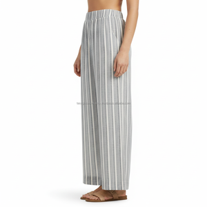 Women's Palazzo <b>Pants</b> Wide Leg Mid Waist Striped Drawstring Custom OEM Wholesale - Product Image 4