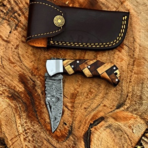Couteau pliant artisanal en acier Damas, manche en bois mosaïque, couteau de poche, étui en cuir, vente en gros, fabricant OEM ODM TARJ ENTERPRISES - Product Image 5