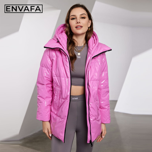 Chaqueta Acolchada con Capucha para Mujer, de PU, Gruesa, Cálida, con Cierre, Informal, de Corte Regular, Suave, Resistente al Viento, Cómoda, Abrigo Exterior Sólido - Product Image 4