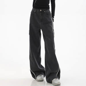 Pantalones vaqueros rectos de mezclilla estilo streetwear con múltiples bolsillos, pierna ancha, cintura alta, holgados, con cremallera, acampanados, vintage, para mujer, tipo cargo - Product Image 3