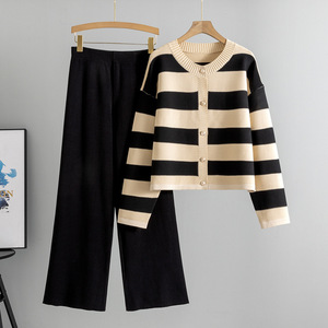 Women's 2-Piece Knit Set | Striped Button-<b>Down</b> Cardigan Sweater and Ribbed Wide-Leg <b>Pants</b> Loungewear Outfit - Product Image 1