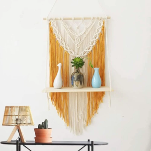 White Yellow Macrame Wall Hanging <b>Shelf</b> Cotton Rope with <b>Pine</b> Wood Handmade Decorative Fringe Bohemian Home Décor for Livingroom - Product Image 5