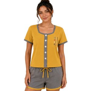 Yellow And Gray Women Two Piece Shorts Set Square Neck Button <b>Top</b> Contrast Trim Graphic Print Casual Summer Cotton Lounge Wear - Product Image 1