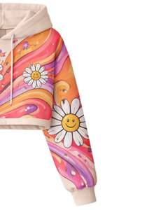 Conjunto de Sudadera Corta y Pantalones Cortos Multicolor para Mujer, Estampado Gráfico de Margaritas Sonrientes, Atuendo Casual de Dos Piezas, Algodón y Felpa, Fabricante Mayorista - Product Image 2