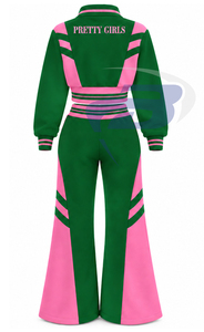 Alfa |   Kapa |   Conjunto Deportivo Casual para Mujer Alpha Sorority, Verde y Rosa, Manga Larga, Media Cremallera, con Cordón Ajustable, para Correr - Product Image 2