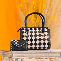 Sac de voyage à bandoulière en cuir véritable fait main, imperméable, noir et blanc, motif géométrique, petit format, avec chaînes