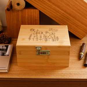 Personalized Engraved Bamboo Wood Memory <b>Box</b> Lockable Keepsake Storage Case <b>Floral</b> Pattern Tabletop Gift - Product Image 1