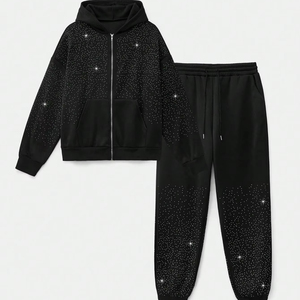 Survêtements en coton épais 100 % avec strass, respirants, personnalisables, avec sweat à capuche zippé et pantalon de jogging, nouvelle mode - Product Image 1