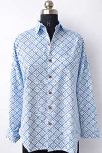Chemise en coton unisexe bleue imprimée à la main |   Chemise à manches longues à boutons géométriques |   Chemise artisanale faite à la main |   Vêtements Éthiques - Product Image 5