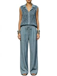 Conjunto de 2 Piezas de Punto para Mujer, Top Polo sin Mangas con Estampado de Leopardo y Pantalones Anchos - Product Image 4