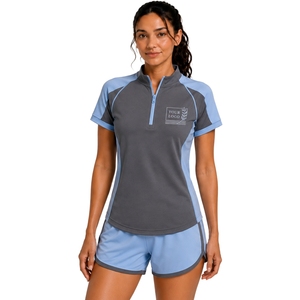 Conjunto deportivo de camiseta y pantalones cortos para mujer, gris y azul claro, con media cremallera, de secado rápido, manga corta, para fitness, gimnasio, correr, personalizado. - Product Image 1