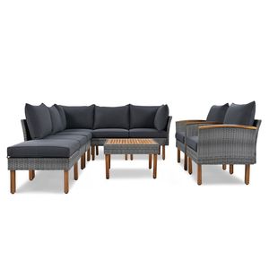 Set di Mobili da Esterno in Rattan a 9 Pezzi con Gambe in Legno di Acacia e Piano in PE Rattan, Vecchio SKU FF201208AAE - Product Image 5