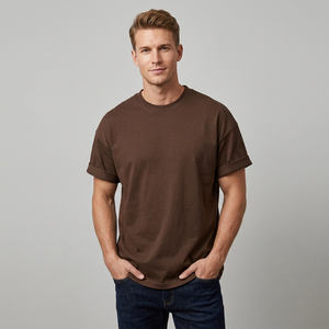 Brown Solid Jersey Oversized Acid Wash T-Shirt Loose Fit Crewneck Short Sleeve Cotton Custom Print Streetwear 320g Front <b>Logo</b> - Product Image 3