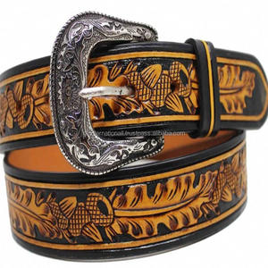 Cinturón de herramientas de cuero genuino curtido Vintage hecho a mano, cinturón de hebilla de flor tallado Retro informal para tamaños personalizados unisex - Product Image 6