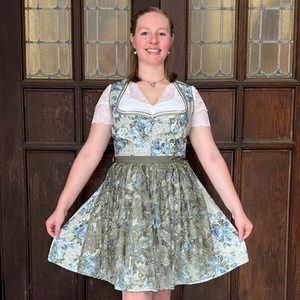 Women's Bavarian Style Dirndl <b>Dress</b> Blue White Lace A-Line Midi Short Sleeve Vintage Folk Costume With Embroidered Detail - Product Image 6