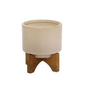 Minimalist White Metal Flower <b>Pot</b> with Wooden Stand for Indoor Desktop Use - Product Image 5