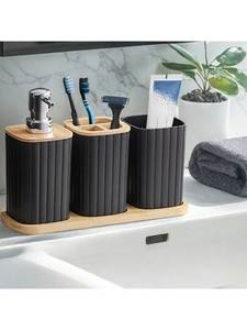 Juego de Baño Moderno y Ecológico de Madera de 3 Piezas con Dispensador de Jabón, Portacepillos de Dientes y Jabonera - Product Image 2